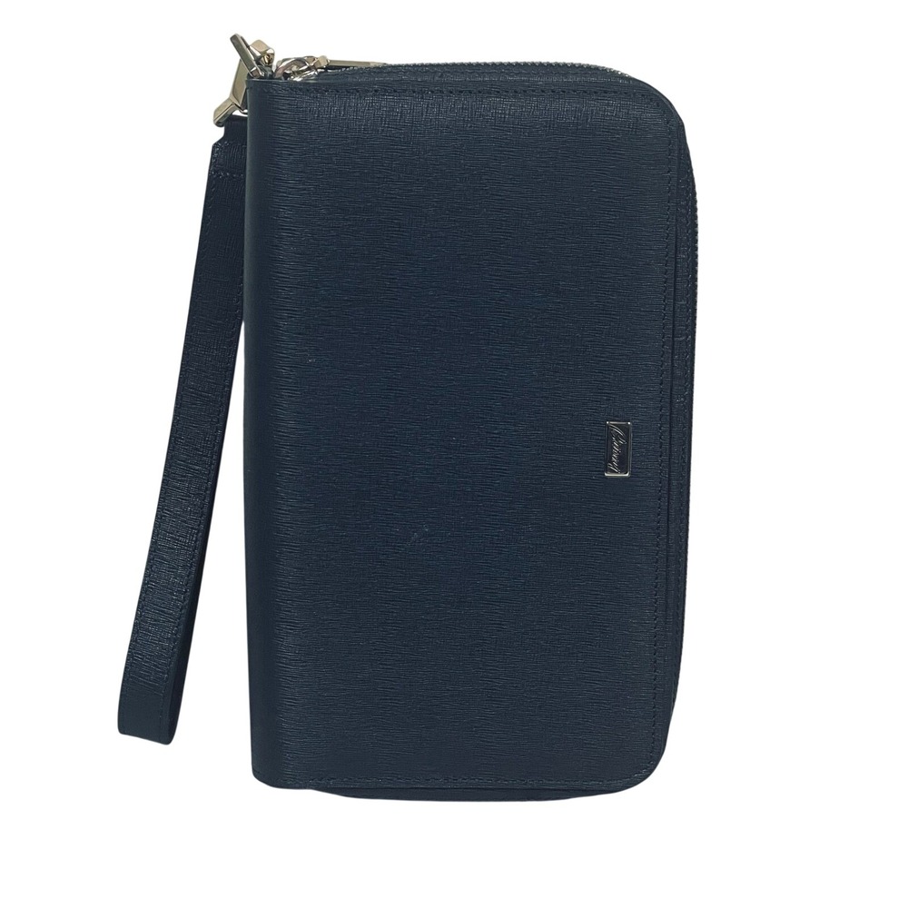Brioni Blue Saffiano‎ Leather Double Zip Wallet Wristlet Italy Luxury Organizer